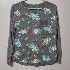 5/$25 Justice Gray Long Sleeve Tee Shirt Blue Floral Lace Pocket Girls Size 16